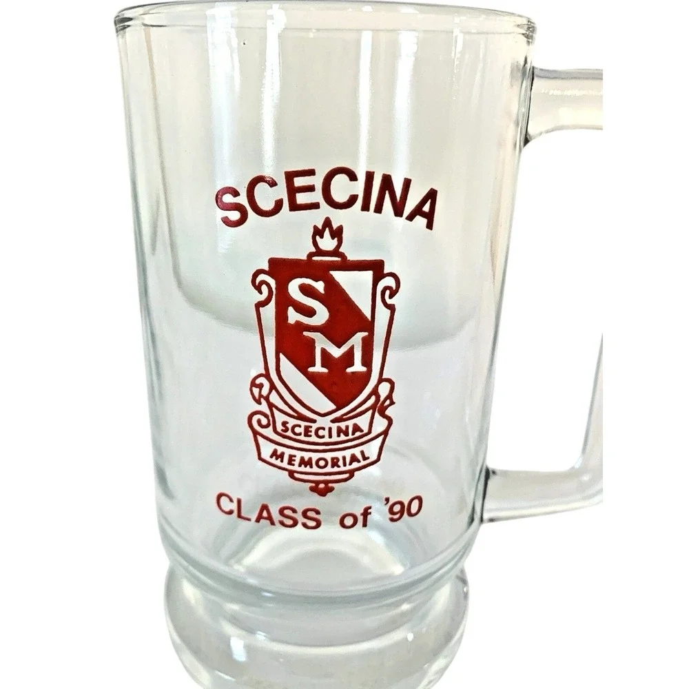 Scecina Memorial Beer Mug‎ Class of '90 Vintage Glass Stein Clear Red Graphic